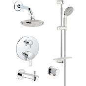 Grohe Europlus Pressure Balanced Shower System with Rain Shower Head, Handshower, Slide Bar, Wall Supply, Tub Spout, Integrated Diverter and Volume Control - Rough-In Valve Included Starlight Chrome